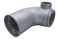 A metallic elbow pipe fitting with a threaded connection on one end